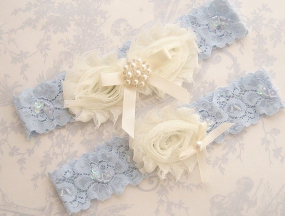 Vintage Bridal Garter- Wedding Garter Set-Blue Lace Toss Garter included  Ivory with Rhinestones and Pearls  Custom Wedding colors