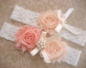 Peach Rose Bridal Garter Wedding Garter Set Toss Garter included Peach Roses Ivory with Rhinestones and Pearls  Custom Wedding colors