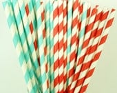 25 Dr Seuss Paper Straws....Red Stripe & Aqua Blue Stripe Paper Drinking Straws Princess Cake Pop Sticks Princess Party Straws