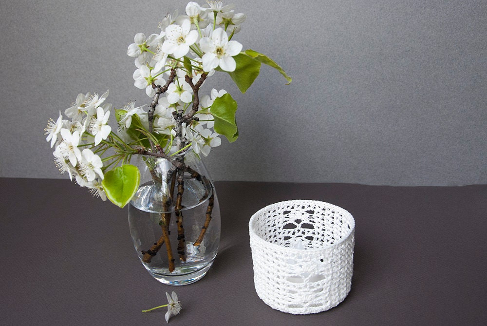 Candle holder cozy, crocheted, flame-less, tea light, votive, white