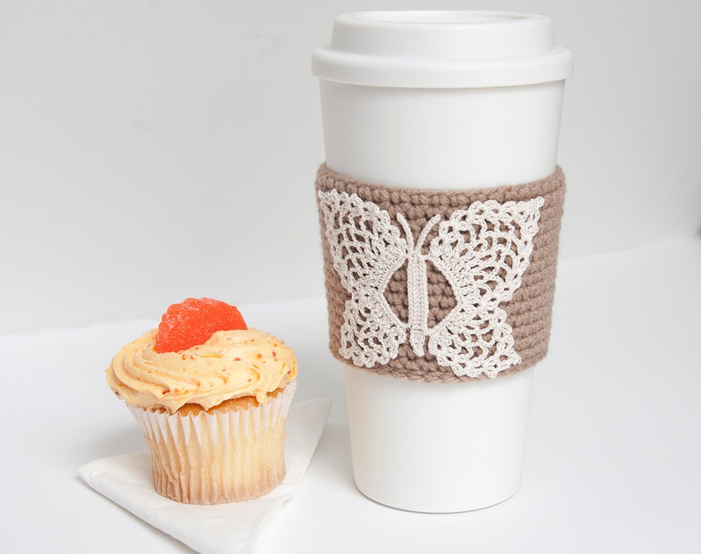 Butterfly Coffee Cozy, crocheted, taupe, brown, beige, cream butterfly