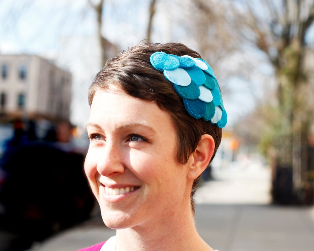Mermaid Fascinator Hair Clip Teal Blue Scales Madame Size - Made in Brooklyn