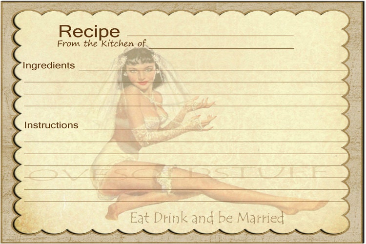 Bridal Shower Recipe Card, 4x6 Pin Up Girl Bride, Printable Digital