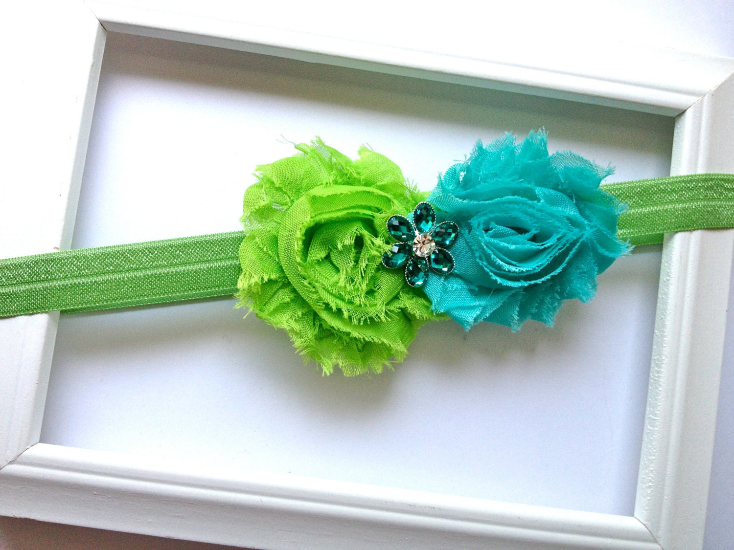 Shabby Flower Elastic Headband -- Lime Green & Dark Turquoise Flowers with Rhinestone Accent