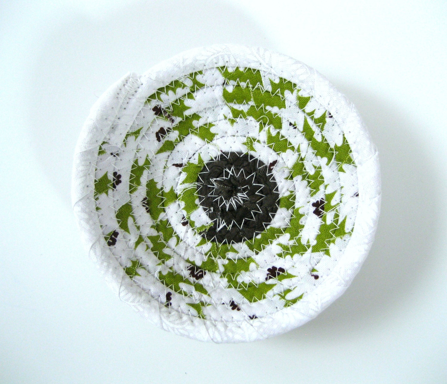 SALE ITEM Ring Dish Jewelry Catcher Mini Fabric Handmade Coiled Basket White Green Brown