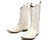 80's Vintage Zalo Boots White Leather and Woven Canvas Tweed Gold Studded Rhinestones Women sz 8 1/2 B