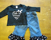 SAMPLE CLEARANCE Adorable Valentine Ruffle Jean set with matching onesie size 3 MONTHS