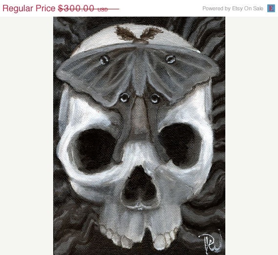 ON SALE Skull art - Momento Mori - Luna Moth - Original Small Work of Art - OSWOA