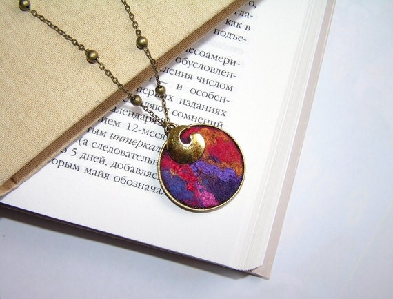 Felted Jewelry Round Pendant red violet gold pink OOAK
