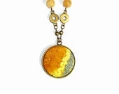 Felt Necklace Pendant with jadeite beads You are my Sunshine Ocher Gold Grey Yellow  OOAK