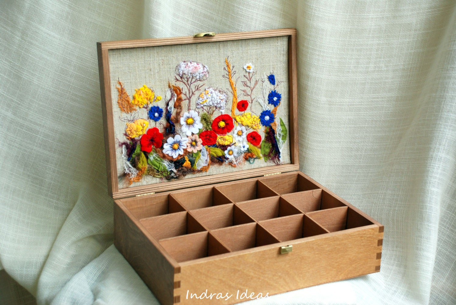 Wooden Tea box with embroidered meadow Wedding Card Box Jewelry Box