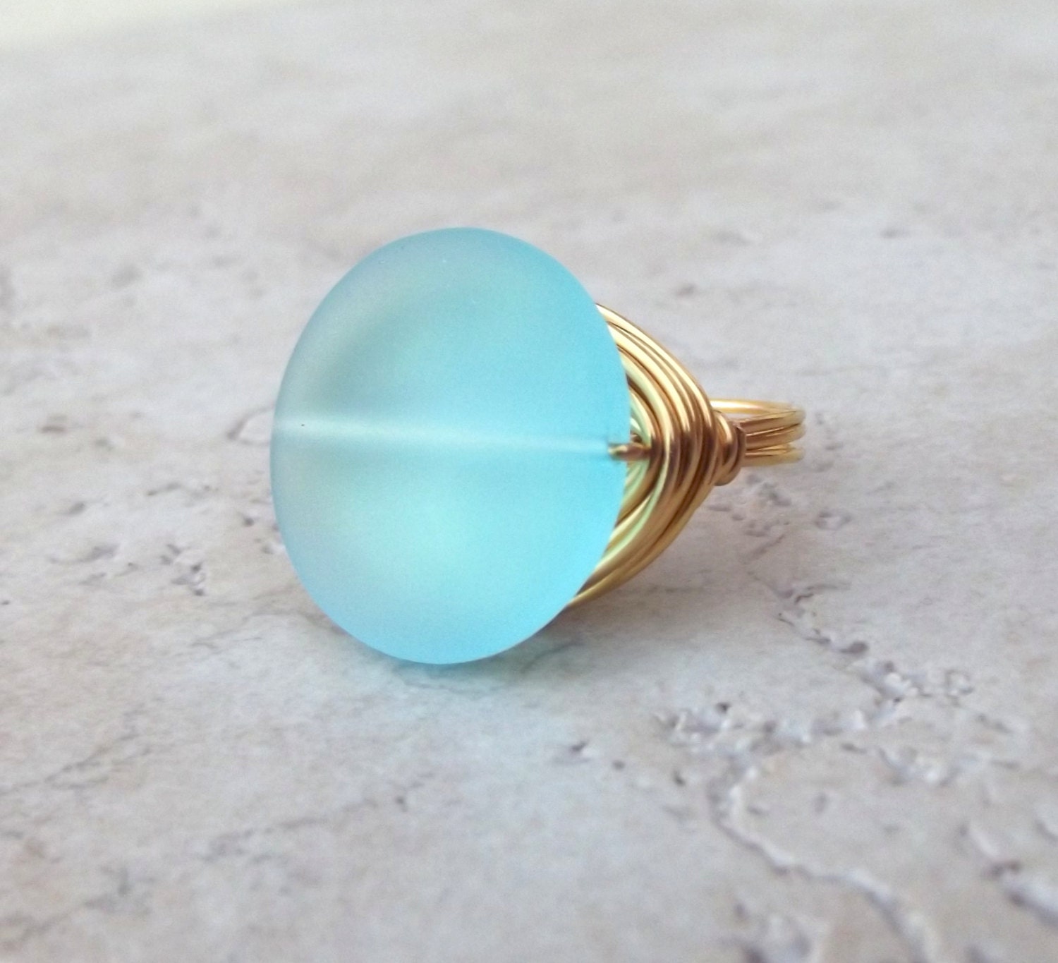 Blue Sea Glass Ring:  24K Gold Wire Wrapped Turquoise Ocean Blue Beach Jewelry, Size 7