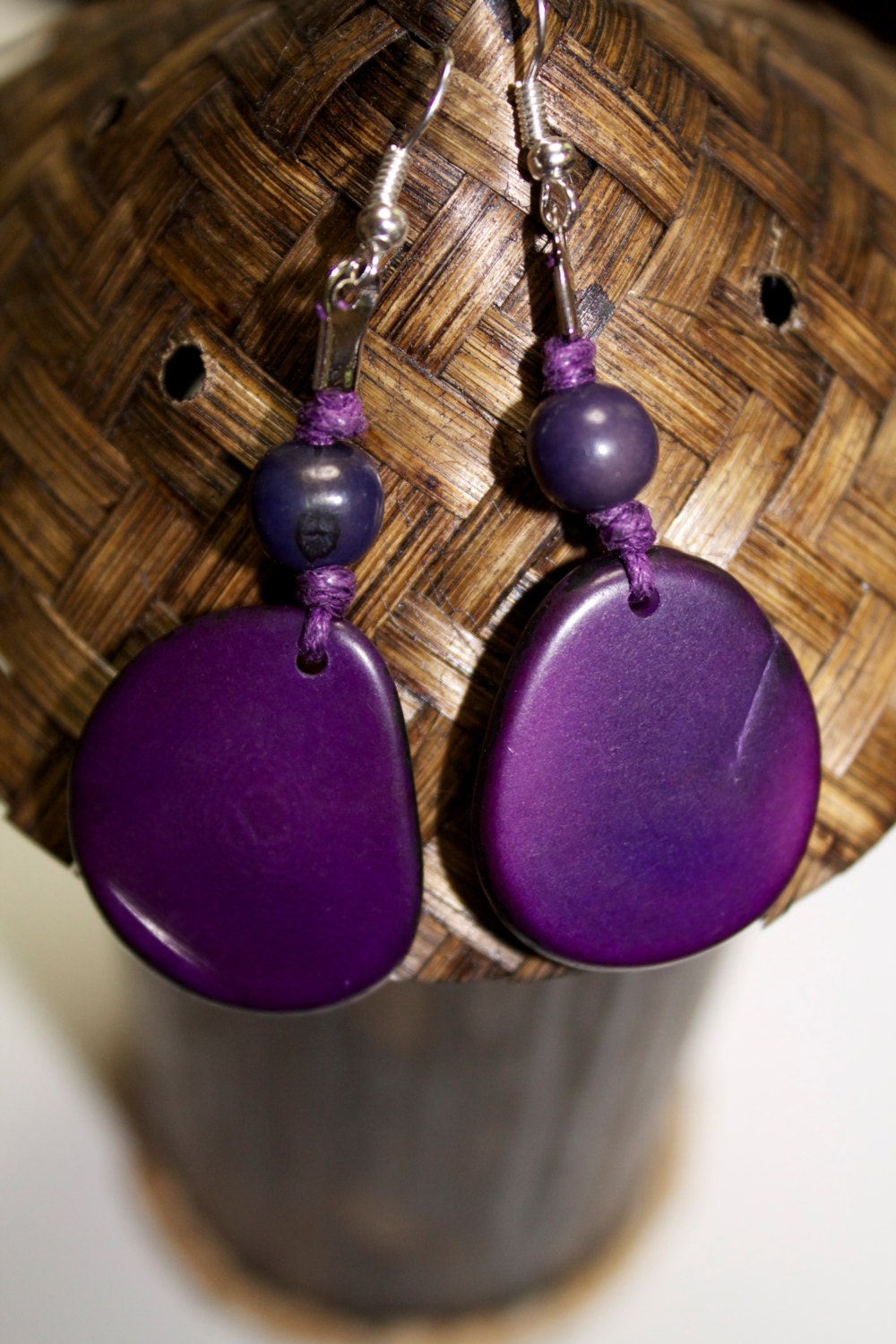 Purple Tagua Nut and Acai Seed Earrings - Eco-Friendly - Boho - Bohemian