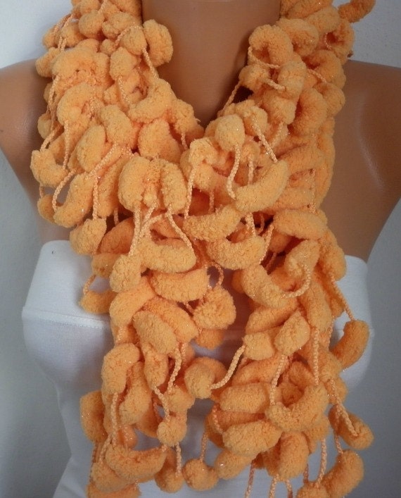 Apricot  Pompom Scarf Women  Scarf   - Cowl Scarf - Neckwarmer - Crochet Scarf - gift - for her