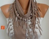 Beige Scarf  -  Pashmina Scarf  - Cowl with Lace Edge - fatwoman