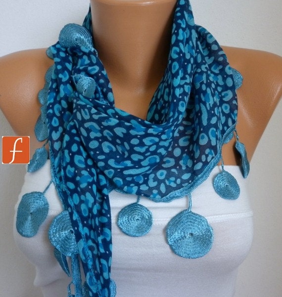 Blue Leopard Scarf Women Scarf Cowl Scarf with Lace Edge - fatwoman