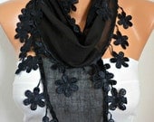 Black Shawl  - Cotton  Scarf -  Cowl with Lace Edge   -  for her - fatwoman