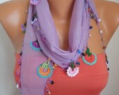 BIG SALE Summer Scarf Shawl - Cotton Weddings Scarves - Cowl with Lace Edge - Lilac
