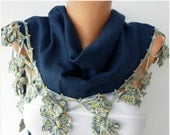 BIG SALE Navy Blue Scarf  Women Pashmina  Scarf  - Cotton Scarf -  - Cowl with Lace  Edge - Navy Blue - fatwoman