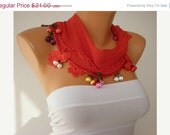 BIG SALE Red  Scarf ,Cotton Scarf  Woman Cowl with Lace Edge