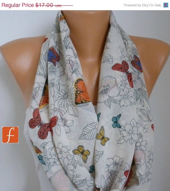 BIG SALE Butterfly Infinity Scarf Shawl Circle Scarf Loop Scarf  Gift -fatwoman - Butterfly scarf- Chiffon