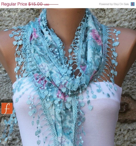 BIG SALE Cotton  Cowl Scarf - Shawl  with Lace Edge Blue - Multicolor