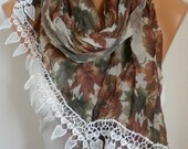 BIG SALE Leaf  Scarf - Cotton Scarf - Shawl - Cowl Scarf with Lace Edge - fatwoman- Autumn/Fall Leaf  - Beach wrap