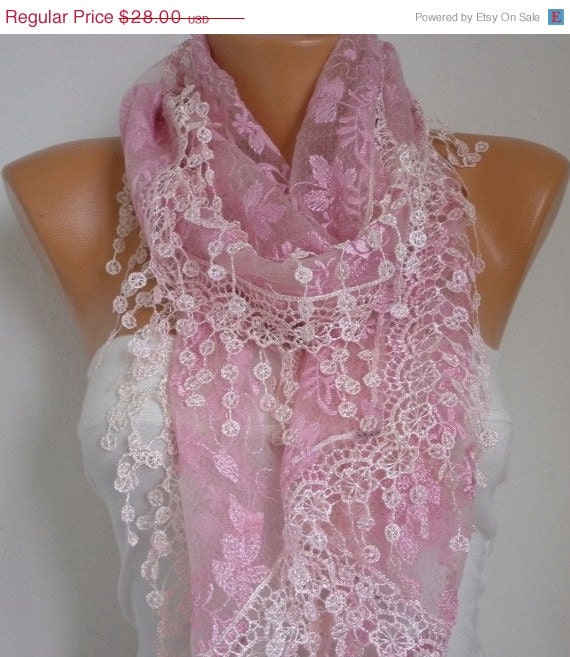BIG SALE Pink Lace Scarf - Shawl Scarf Cowl Scarf   Lace Edge  Gift Bridesmaid Gift fatwoman