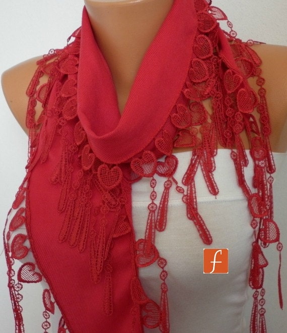 Red Scarf Pashmina Scarf Cowl Scarf with Lace Edge - fatwoman
