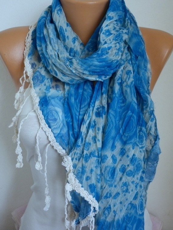 Blue Scarf  Cotton  Scarf - Shawl -  Cowl Scarf  with Lace Edge  - fatwoman- Blue Roses - Beach wear