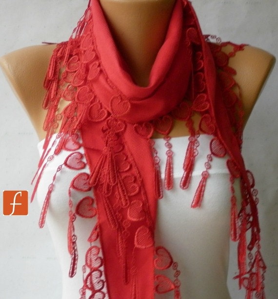 Red Scarf Pashmina Scarf Cowl Scarf with Lace Edge - fatwoman
