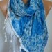 Blue Scarf  Cotton  Scarf - Shawl -  Cowl Scarf  with Lace Edge  - fatwoman- Blue Roses - Beach wear