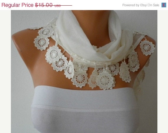 BIG SALE Creamy White Scarf - Cotton Scarf - Cowl Scarf with Lace Edge - Bridesmaids Gifts - fatwoman
