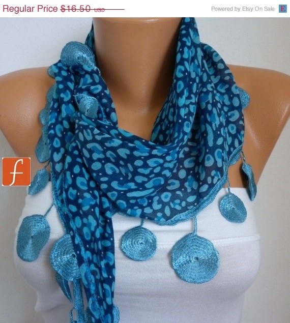 BIG SALE Blue Leopard Scarf Women Scarf Cowl Scarf with Lace Edge - fatwoman