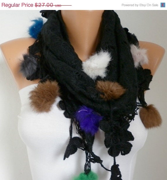 BIG SALE Black Scarf - Knitted Fabric Scarf - Cowl Scarves with Lace Pompom Edge - Black ///
