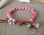 Pink bracelet - Island Boho - bubblegum pink, slashKnots slipKnots  Sterling silver charm leather, surfer beach bohemian , spring summer