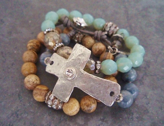 Sideways cross bracelet 'Sacrifice' denim steel blue gray artisan cross angel wing crystal religious rustic country boho