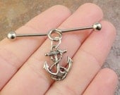 Silver Anchor Industrial Barbell Piercing Upper Ear Ring Cartilage Piercing