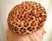 1950s Vintage Leopard Print Beret Hat Rabbit Fur Dyed Rockabilly