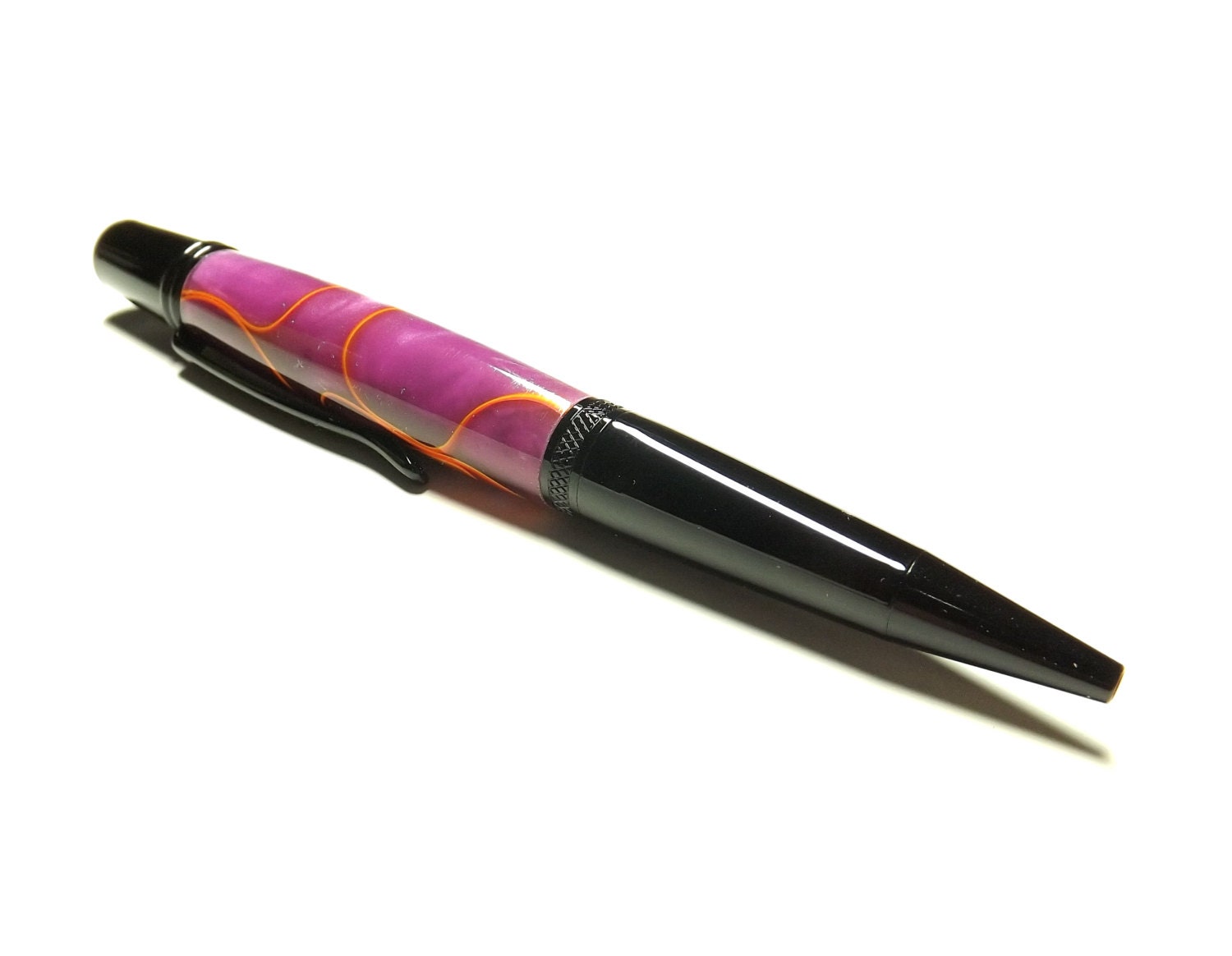 Hand Turned Pen - Sierra Ballpoint - Twist Style - Purple Orange Acrylic - Black Chrome Hardware - Black Ink - Black Velvet Pouch Included