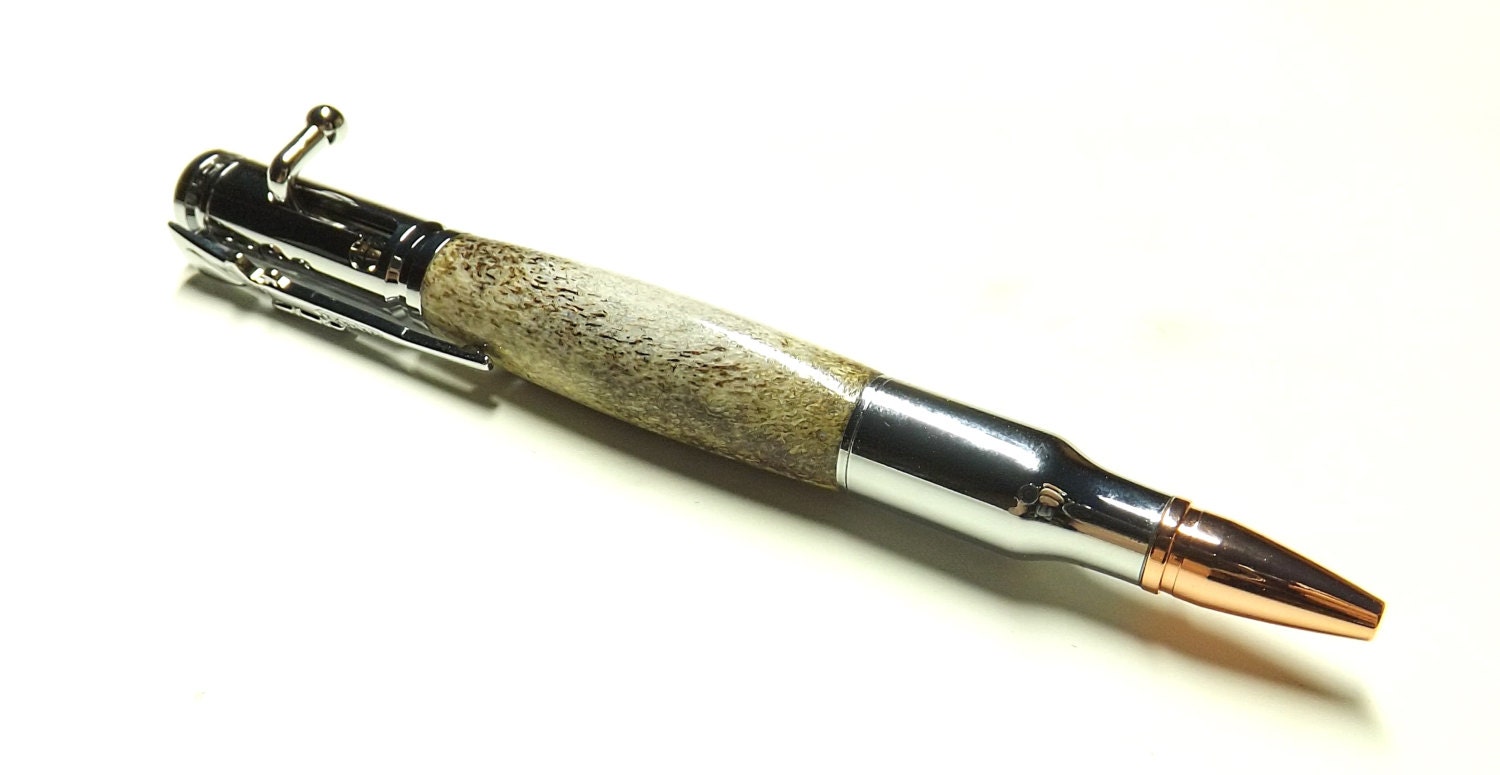 Custom Orders Only - Hand Turned Pen - 30 Caliber Bullet - Deer Horn - Chrome Hardware - Black Ink - Pen Box Included