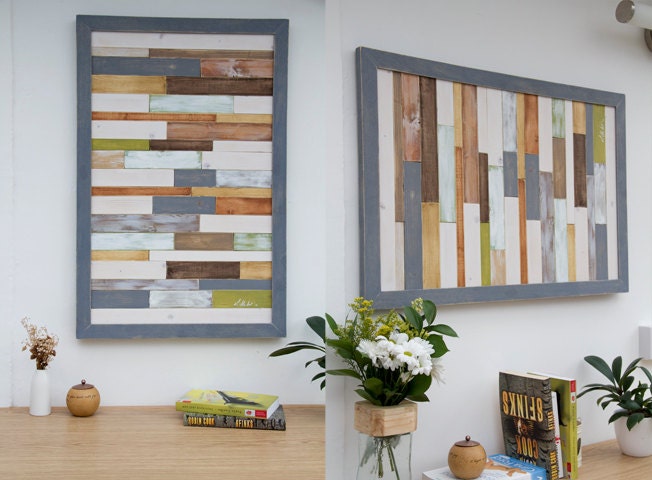 Wood Sculpture wall art, rustic decor 20" x 30", wood pieces grey, walnut, yew, oak,