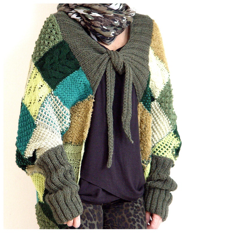 Green Patchwork Jacket with Extra Long Sleeves.
