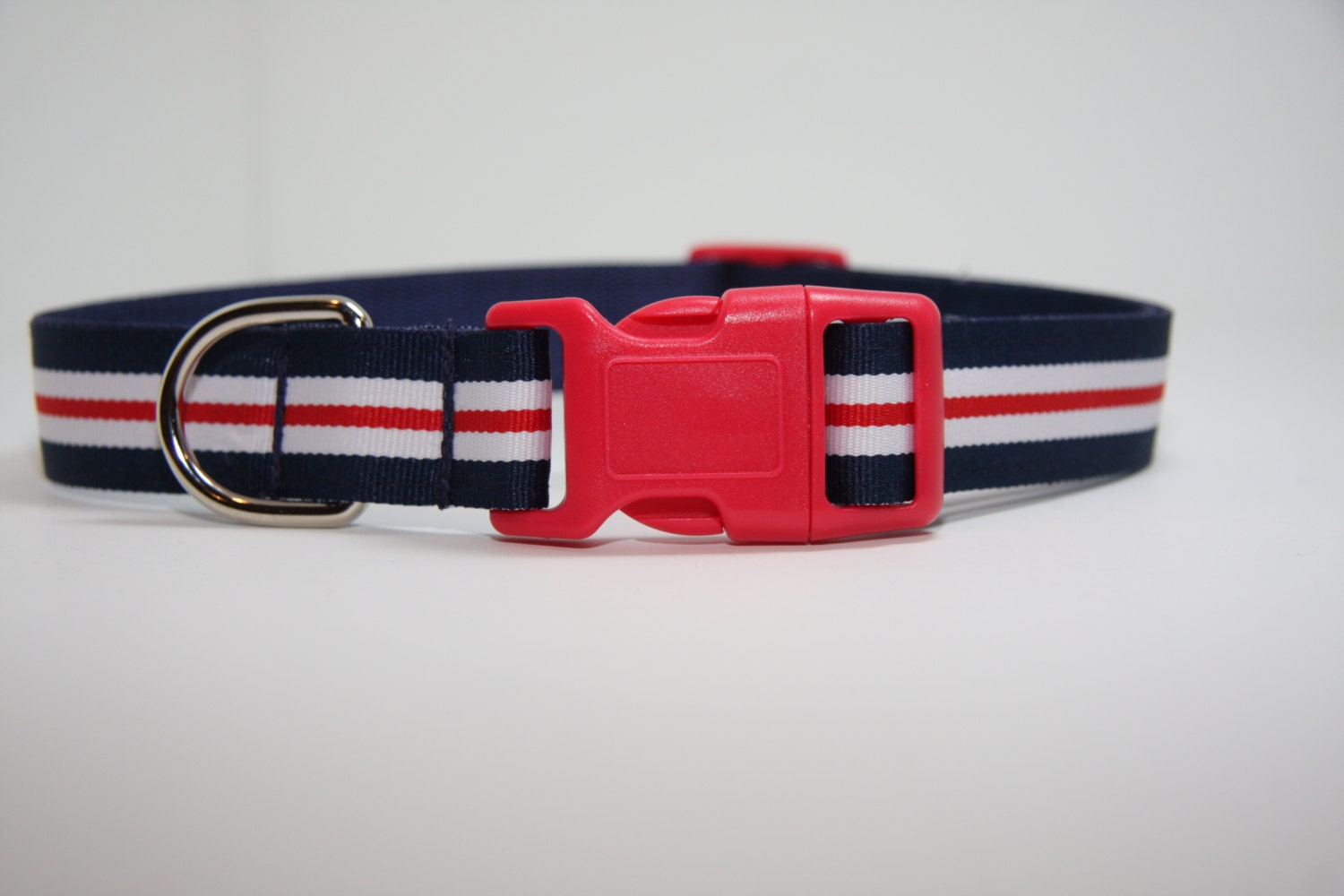 Dog Collar - Red White and Blue stripes - Red buckle