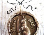 Bronze Rabbit and Sword Pendant with Faux-Bois Edge