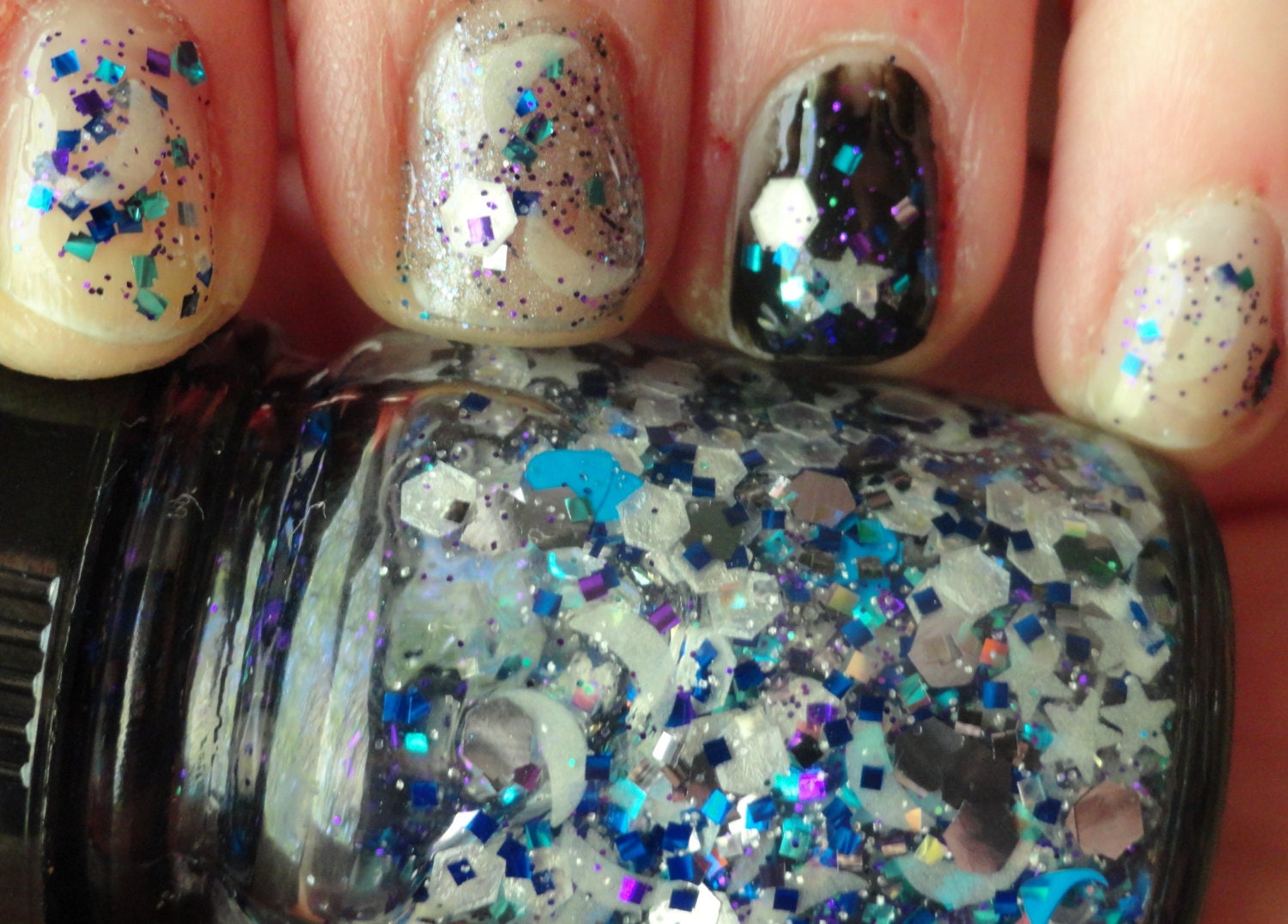 Bump in the Night Indie Franken Nail Polish Glow in the Dark Stars and Moon Purple Teal Gliiter