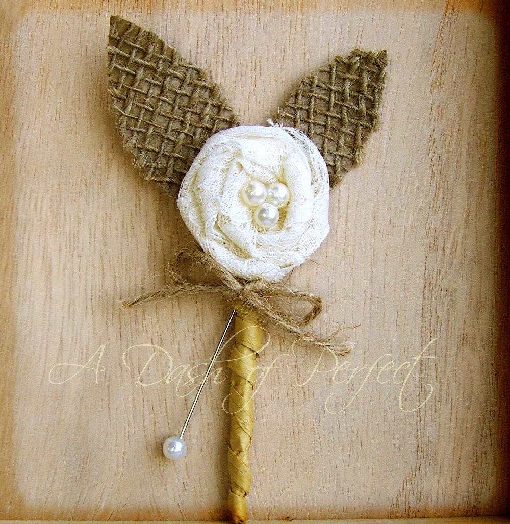MAGAZINE FEATURED 2013 -Rustic Boutonniere, Lace Boutonniere, Shabby Chic Wedding, Rustic Wedding, Burlap and Lace -Top Selling