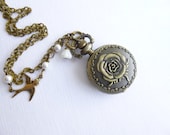 Romance Rose Pocket Watch Necklace -- Swallow Bird and Pearls -- Long Vintage Style Antiqued Brass Steampunk Pocketwatch