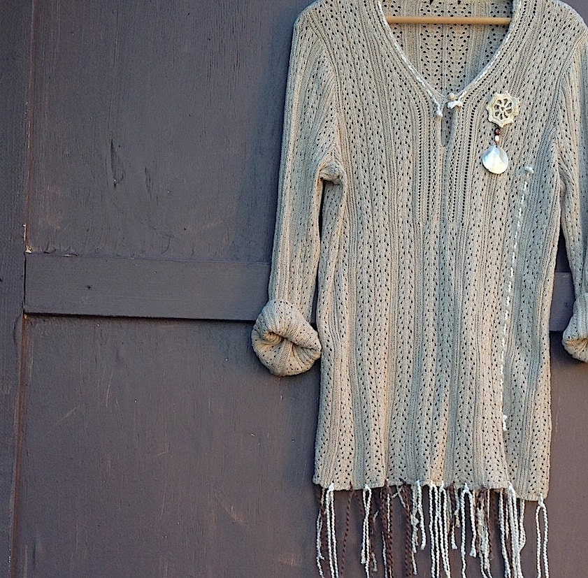 Spring ecru ivory sweater upscale boutique dana buchman xl crochet ribbon yarn ooak tunic Mother's Day gift