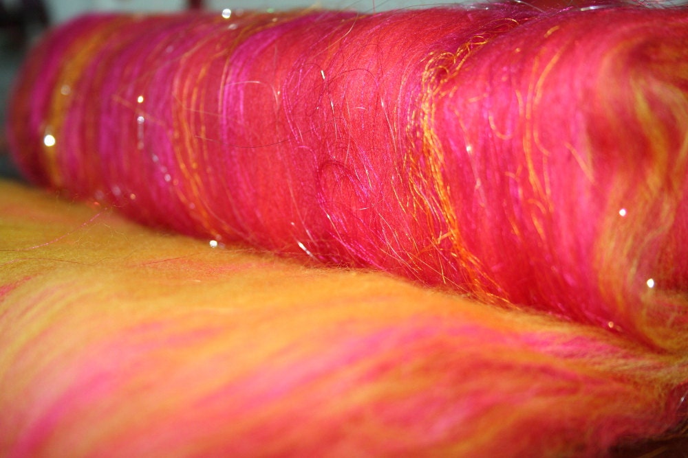 Batt Merino Bamboo Sari Silk Angelina Repeatable Colorway 1.50 oz 43g Ready to Ship International - Sour Gummy